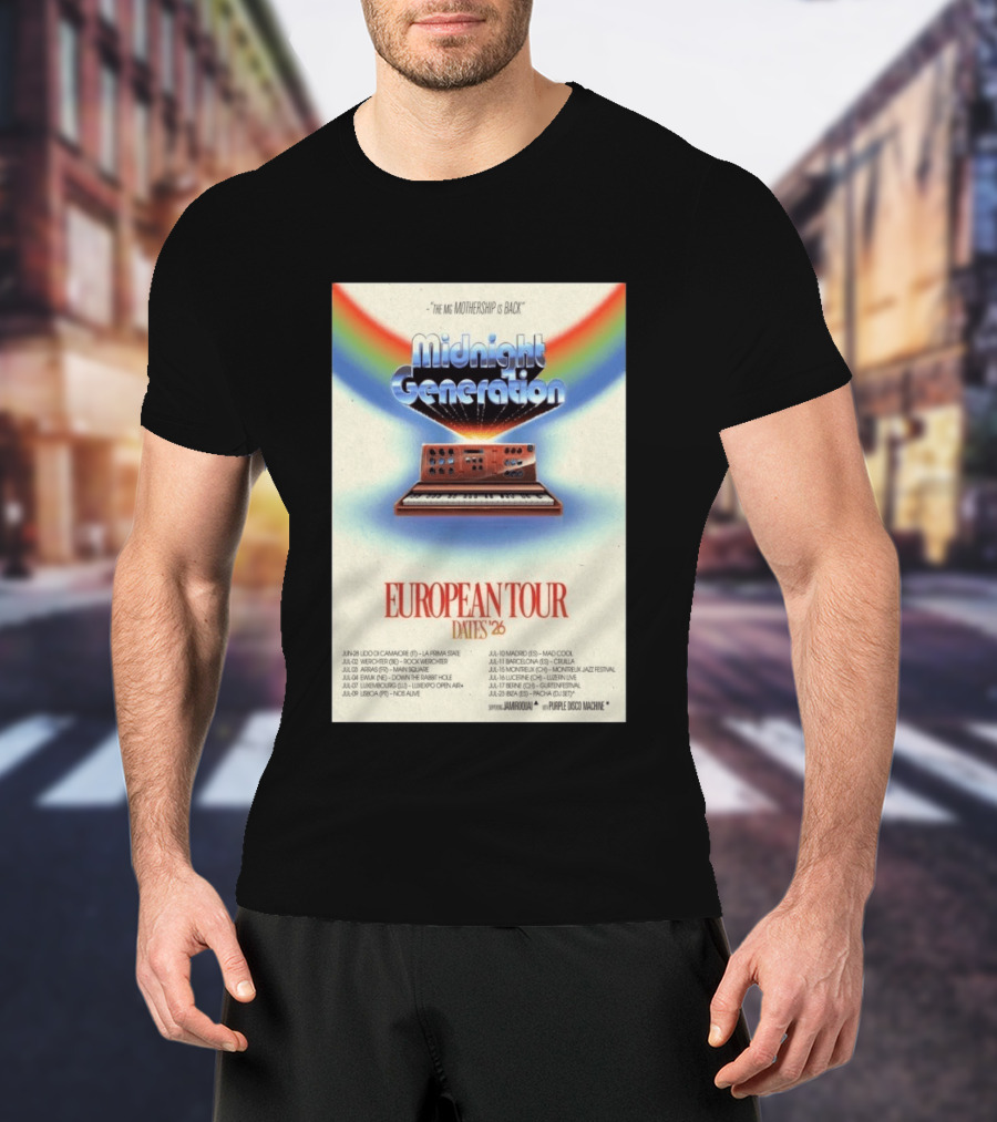 Midnight Generation European Tour Dates '26 Mothership Is Back Jamiroquai Purple Disco Machine T-Shirt