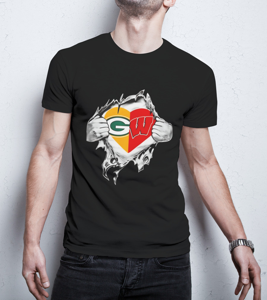 Packers Badgers Heart Logo Green Bay Wisconsin NCAA Fan Gear T-Shirt