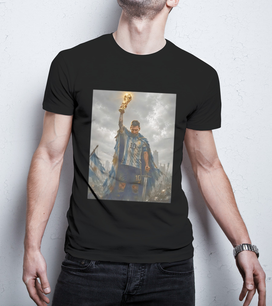 Lionel Messi Raising Trophy Argentina Number 10 Football Legend T-Shirt
