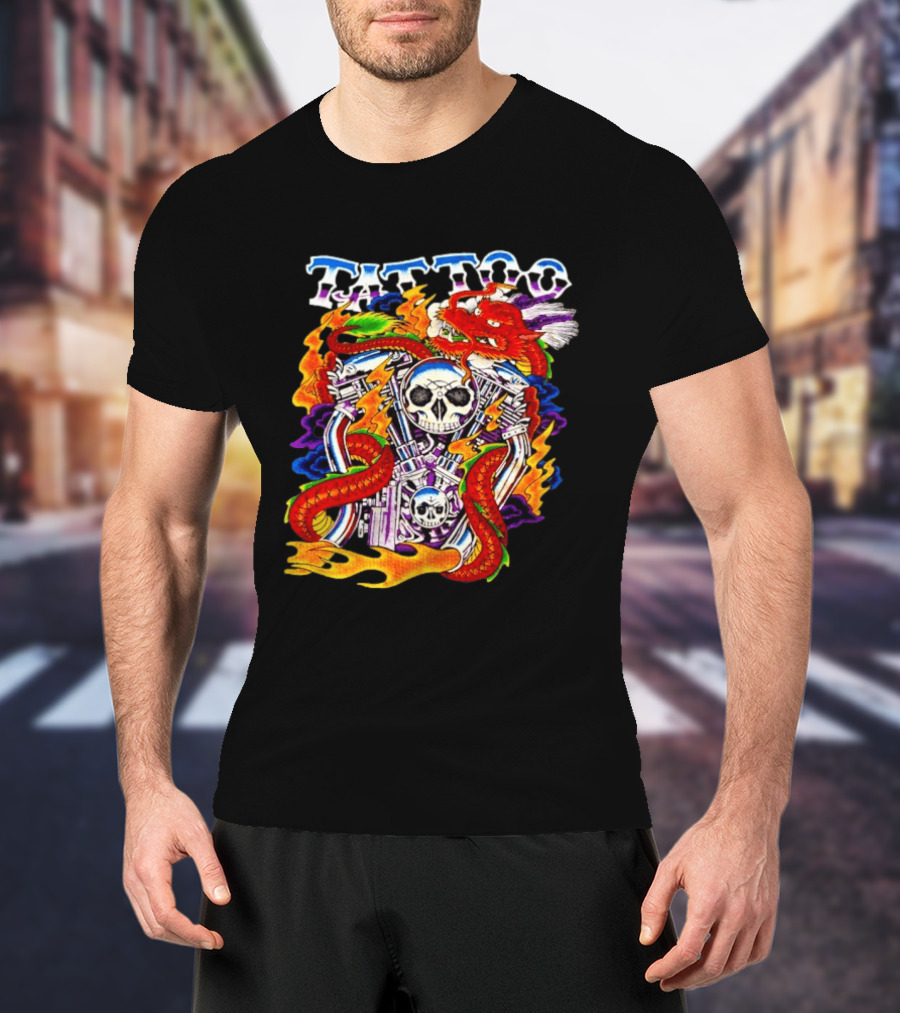 Tattoo Brand Dragon Skull Motorcycle Engine Flames T-Shirt