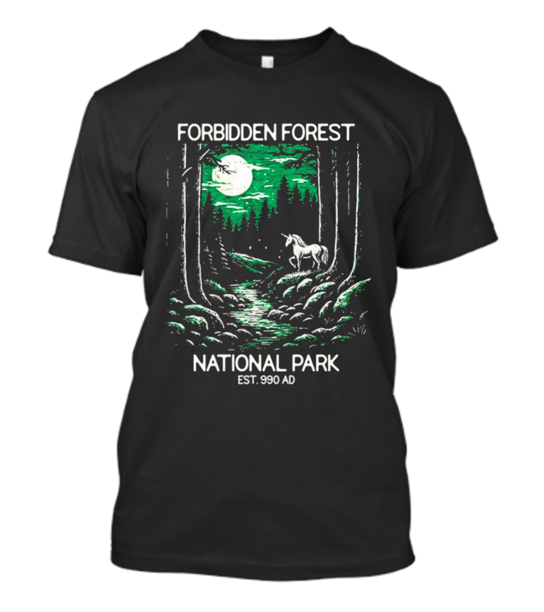 Forbidden Forest National Park Est 990 AD Moonlit Unicorn Scene T-Shirt