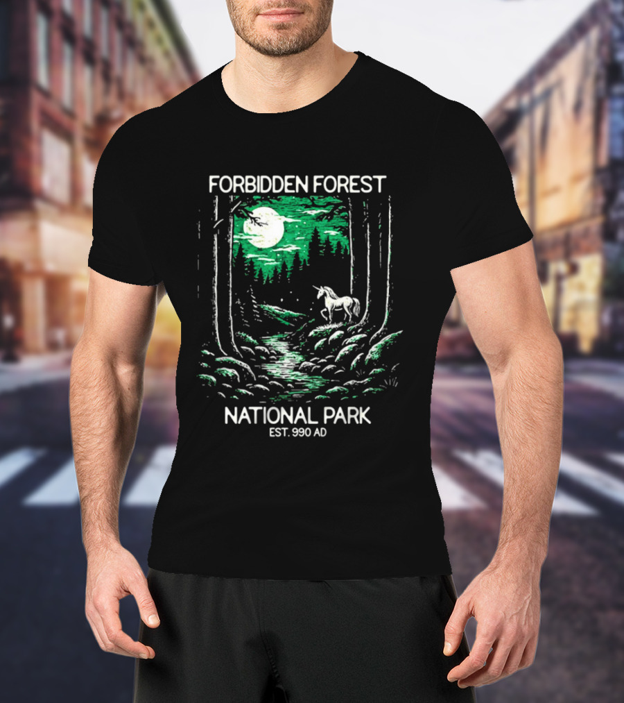Forbidden Forest National Park Est 990 AD Moonlit Unicorn Scene T-Shirt