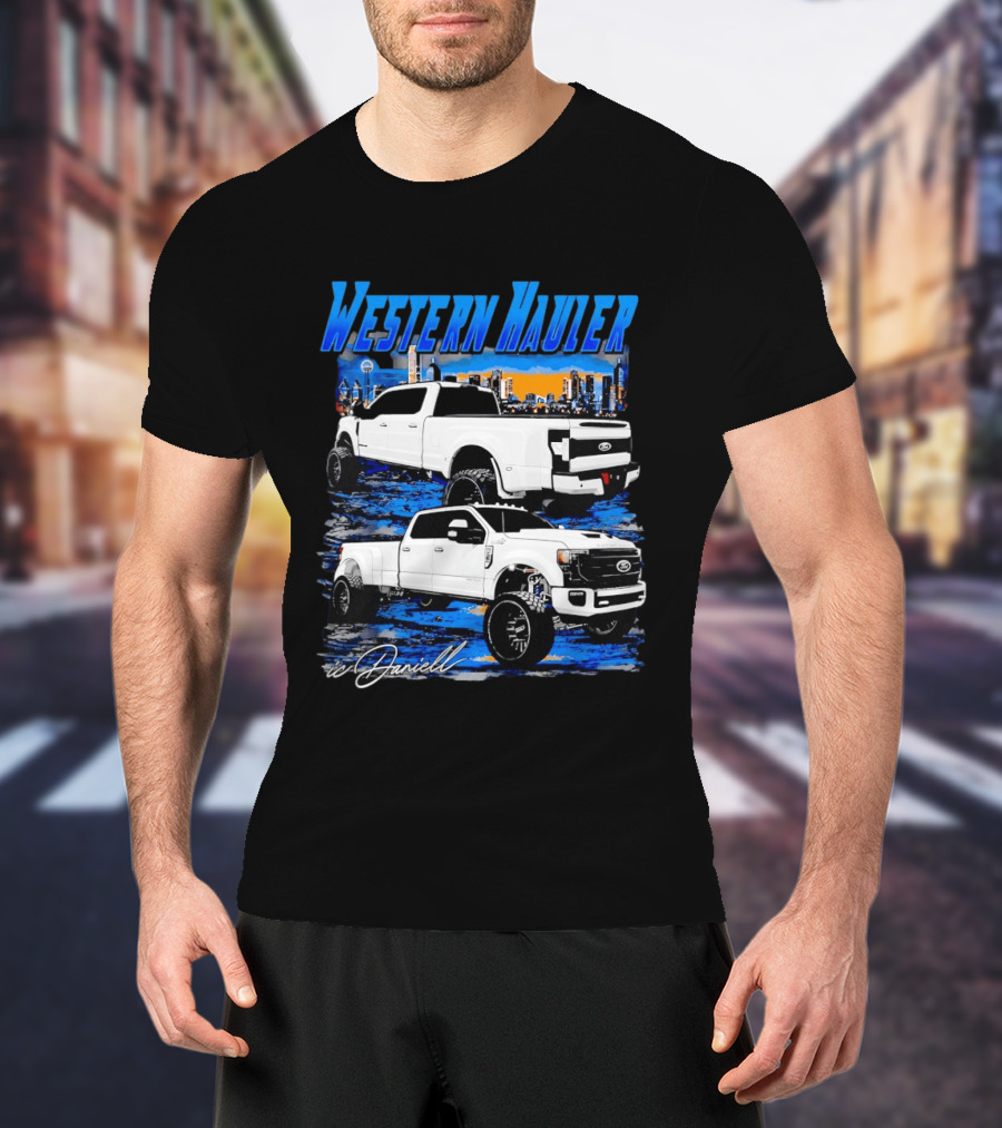 Western Hauler Ford Truck City Skyline Art By Danielle T-Shirt