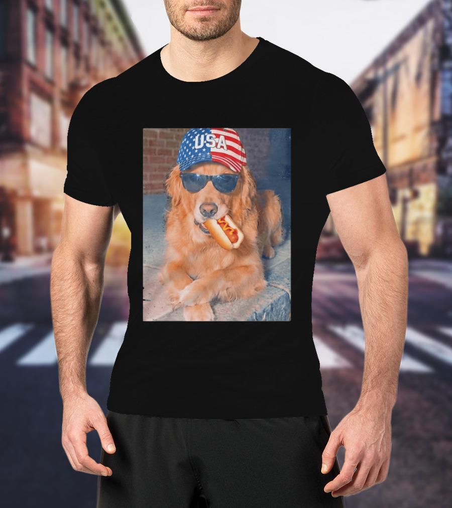 Golden Retriever With USA Hat Eating Hot Dog American Flag 4th Of July T-Shirt