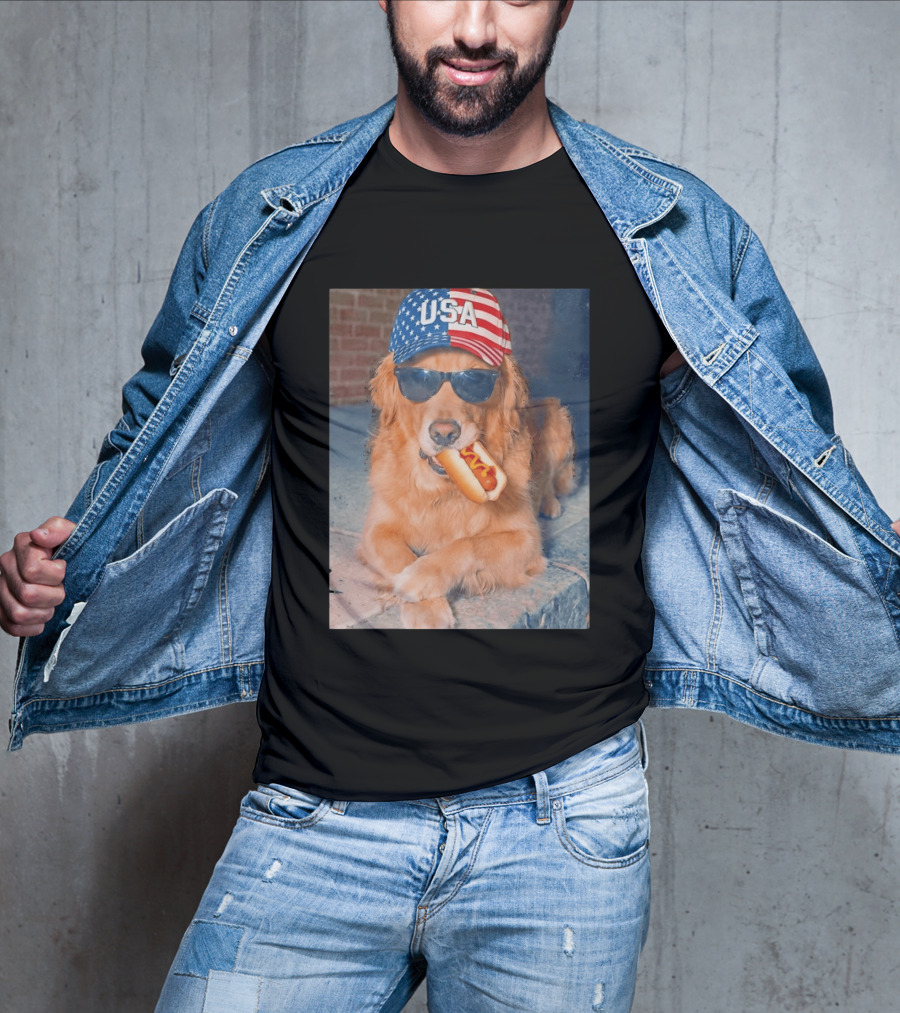 Golden Retriever With USA Hat Eating Hot Dog American Flag 4th Of July T-Shirt