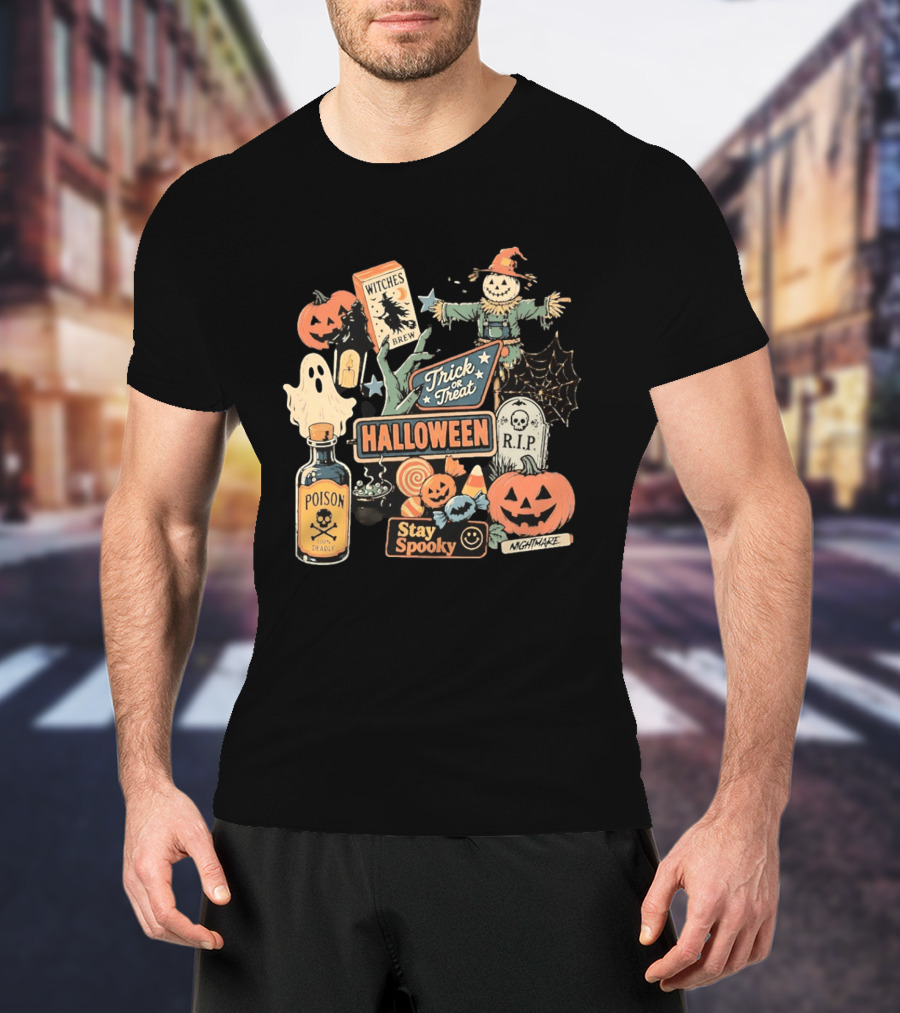 Halloween Trick Or Treat Stay Spooky Witches Brew Poison Nightmare R.I.P Ghost Pumpkins T-Shirt