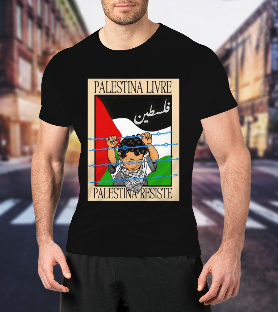 Palestina Livre Resistência Criança Frente Bandeira Arame Farpado T-Shirt