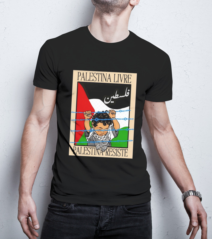 Palestina Livre Resistência Criança Frente Bandeira Arame Farpado T-Shirt
