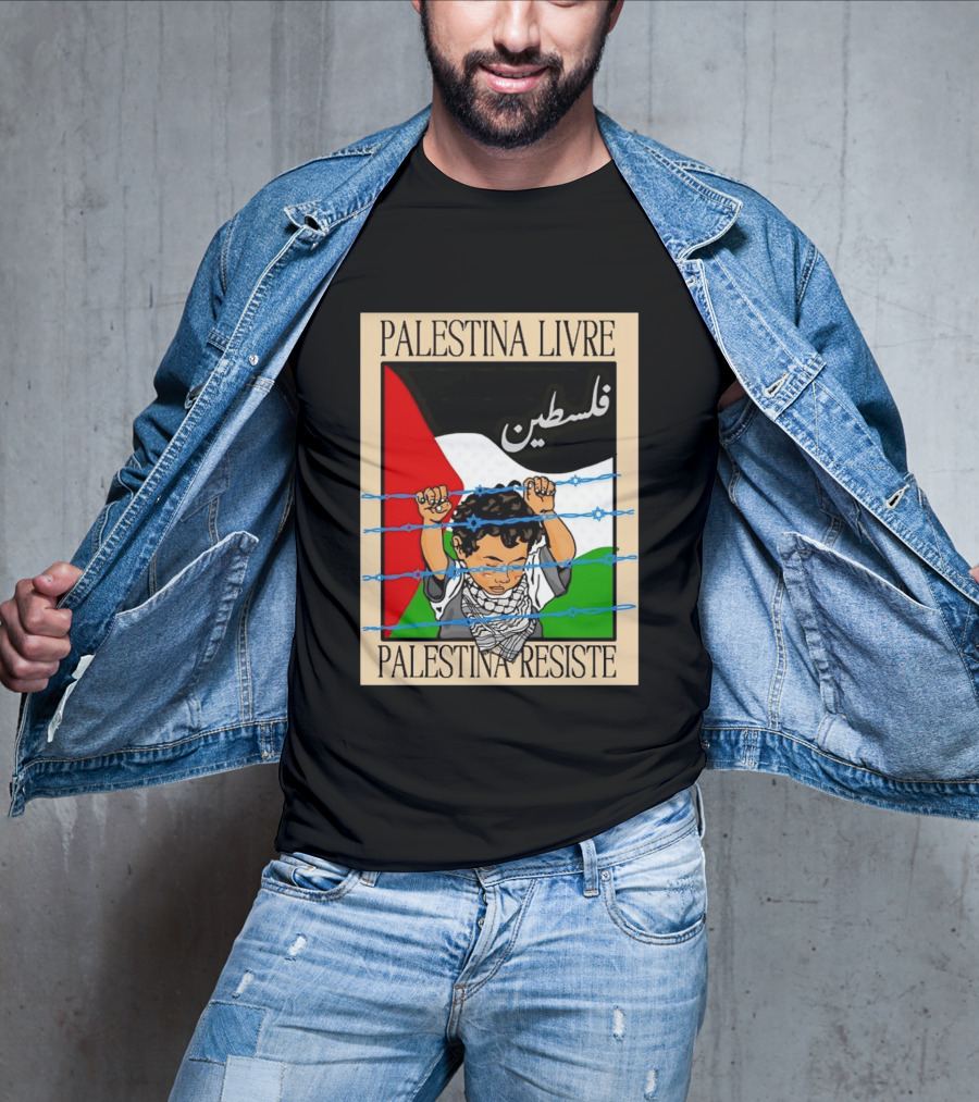 Palestina Livre Resistência Criança Frente Bandeira Arame Farpado T-Shirt