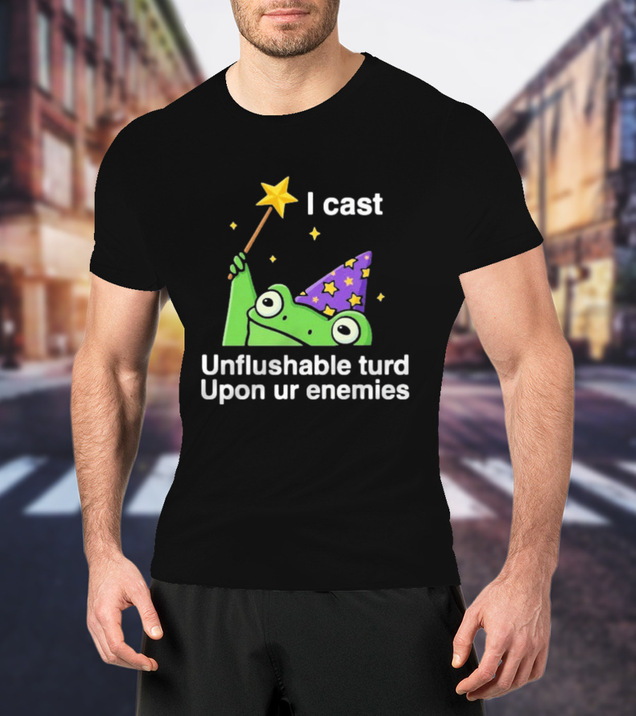 I Cast Unflushable Turd Upon Ur Enemies Frog Wizard Wand Stars Purple Hat T-Shirt