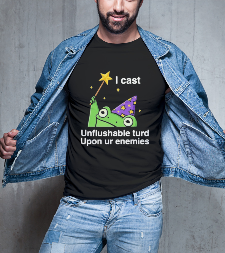 I Cast Unflushable Turd Upon Ur Enemies Frog Wizard Wand Stars Purple Hat T-Shirt