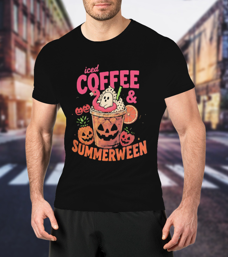 Iced Coffee And Summerween Spooky Tropical Fruit Halloween Jack O' Lantern Drink T-Shirt