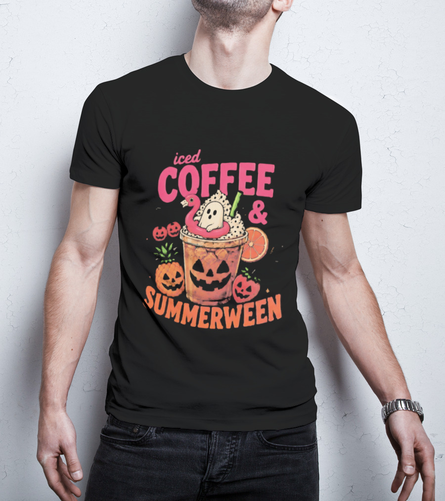 Iced Coffee And Summerween Spooky Tropical Fruit Halloween Jack O' Lantern Drink T-Shirt