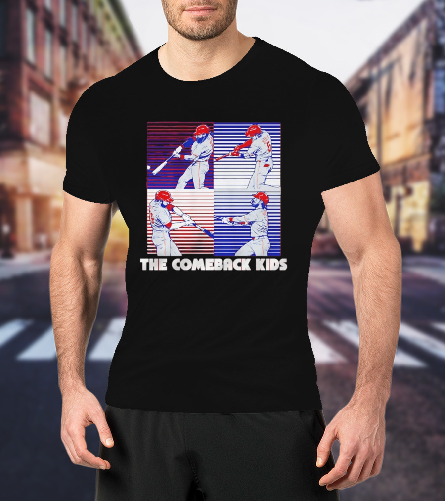 Philadelphia Phillies The Comeback Kids Striped Baseball Swinging Players T-Shirt