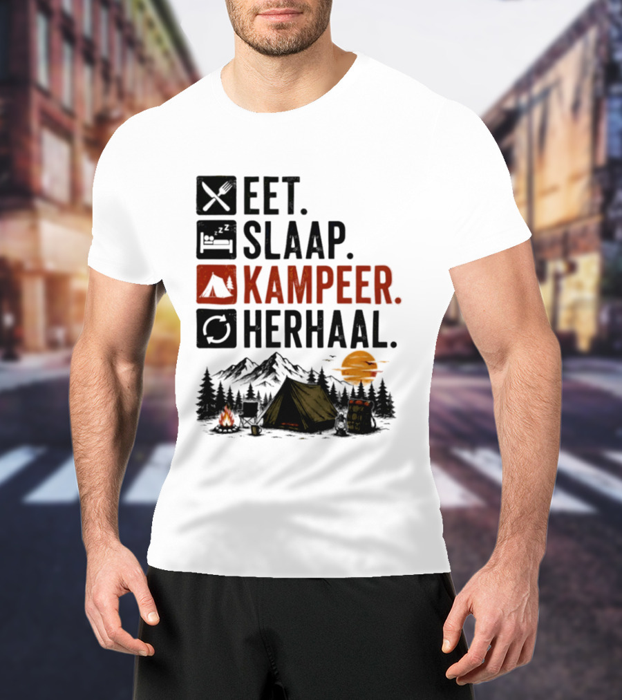 Eet Slaap Kampeer Herhaal Camping Tent Mountains Campfire Sunset T-Shirt