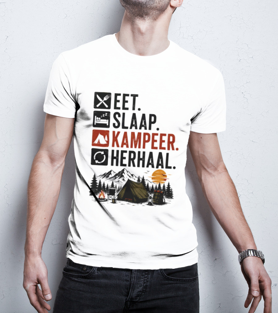 Eet Slaap Kampeer Herhaal Camping Tent Mountains Campfire Sunset T-Shirt