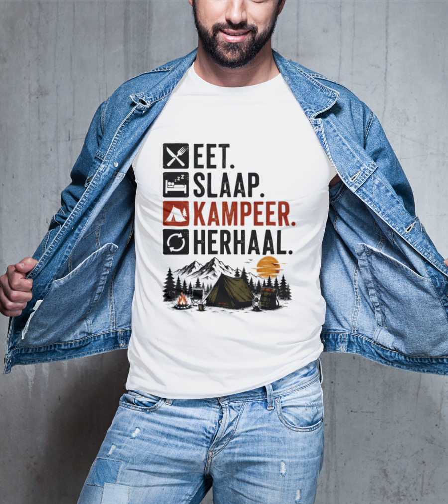Eet Slaap Kampeer Herhaal Camping Tent Mountains Campfire Sunset T-Shirt
