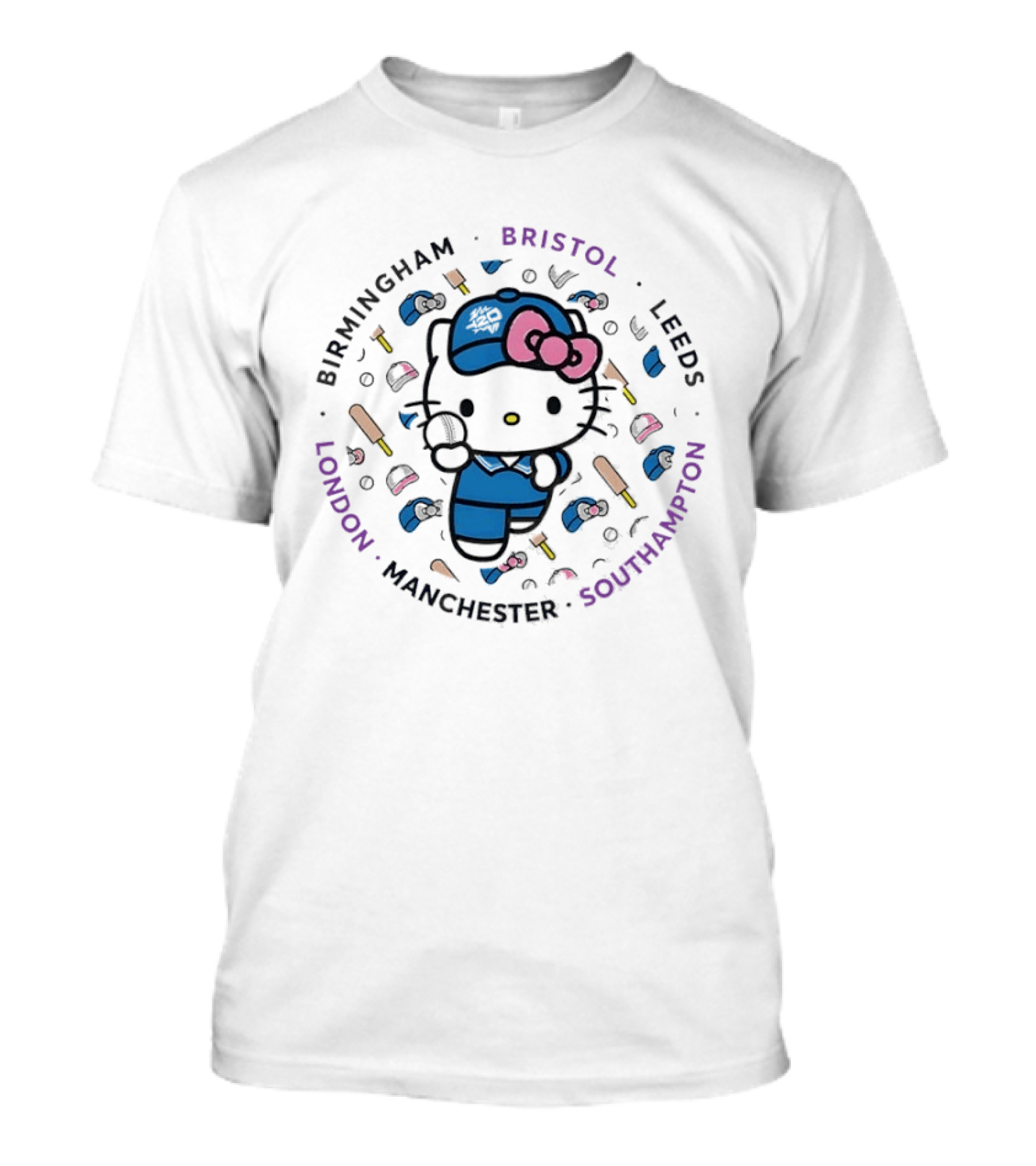 Hello Kitty Cricket Birmingham Bristol Leeds Southampton Manchester London T-Shirt