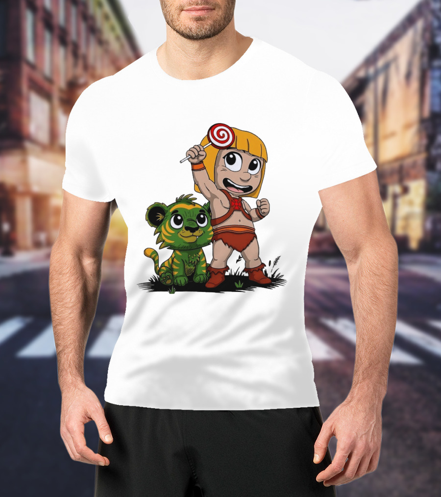 Jungle Kid Holding Lollipop With Playful Tiger Cub T-Shirt