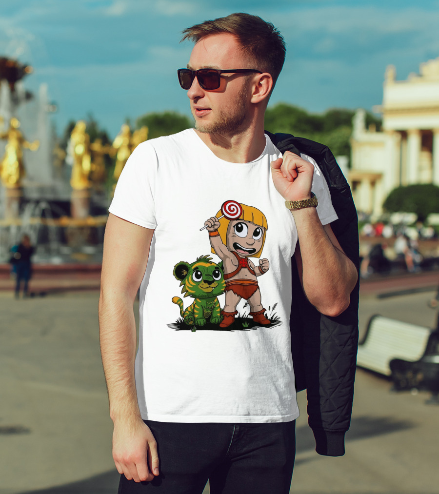 Jungle Kid Holding Lollipop With Playful Tiger Cub T-Shirt