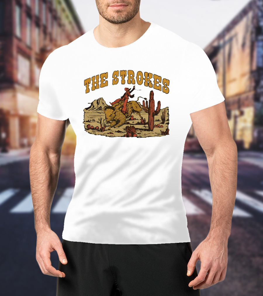 The Strokes Cowboy Riding Cheetah Desert Scene Classic Western T-Shirt