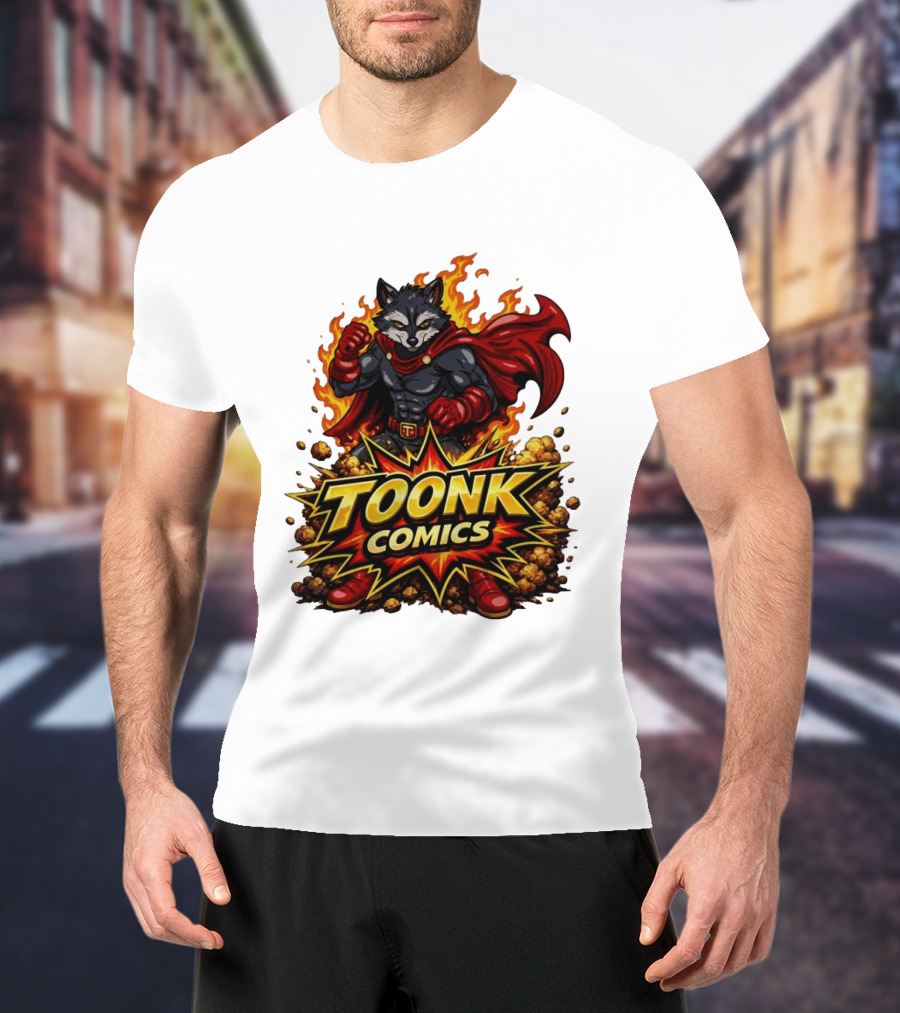 Toonk Comics Superhero Raccoon With Fiery Cape T-Shirt