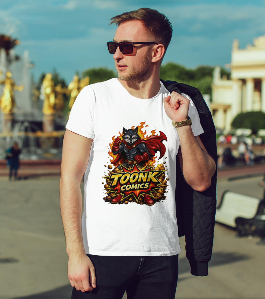 Toonk Comics Superhero Raccoon With Fiery Cape T-Shirt