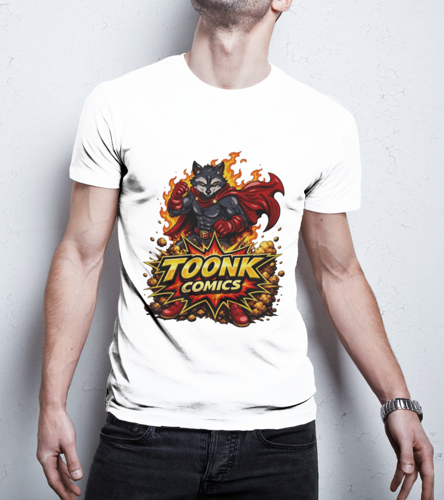 Toonk Comics Superhero Raccoon With Fiery Cape T-Shirt