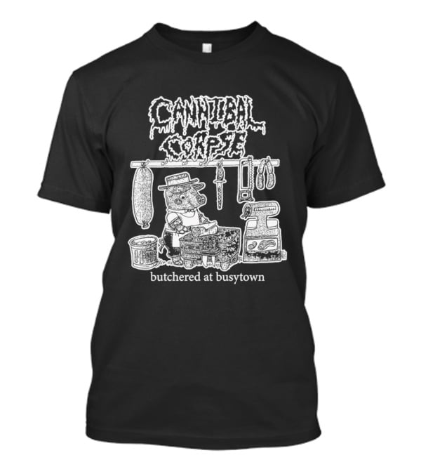 Cannibal Corpse Butchered At Busytown Graphic With Cartoon Butcher Scene T-Shirt