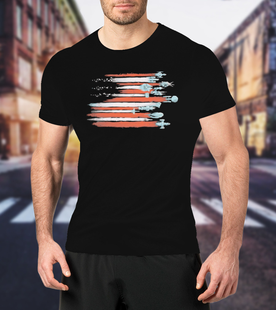 American Flag With Spacecraft Sci Fi T-Shirt