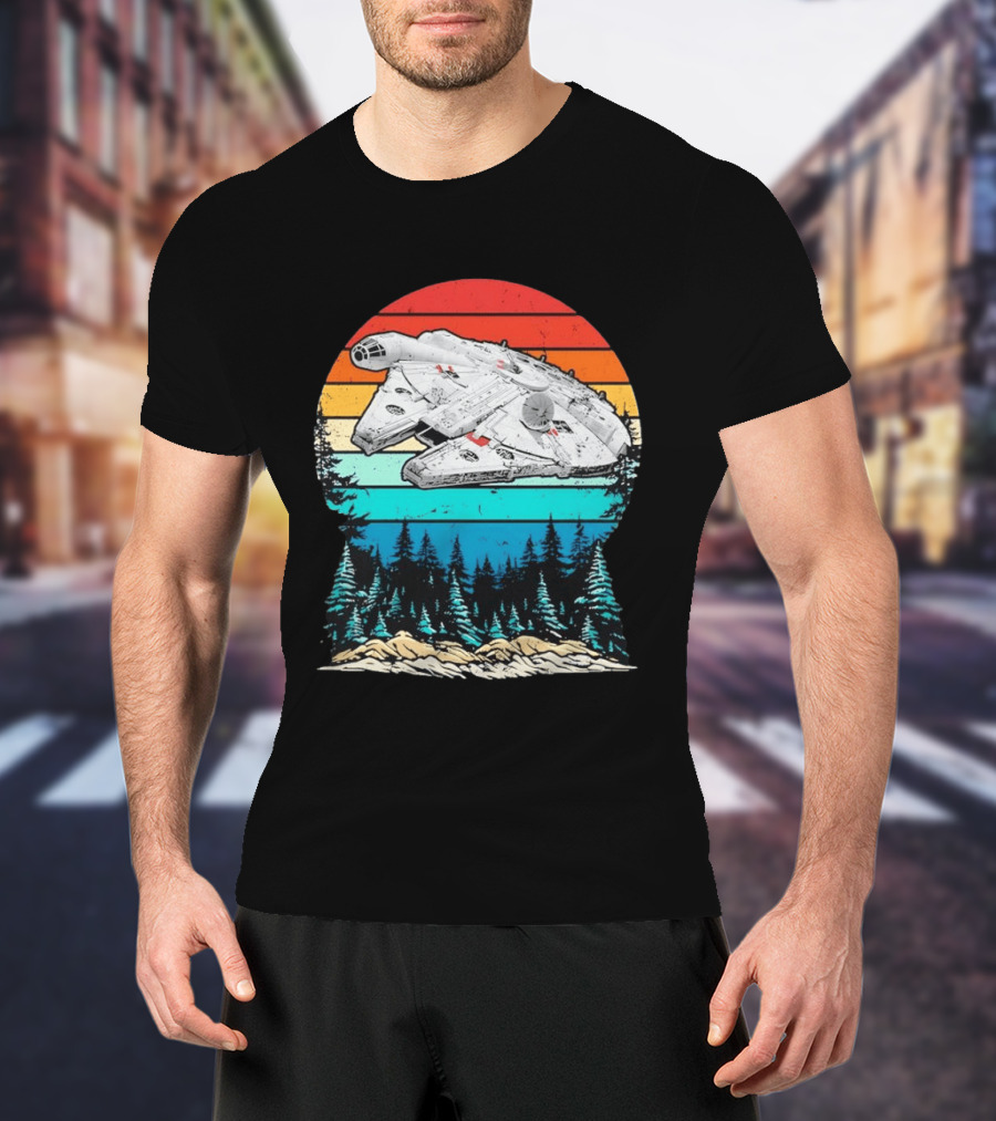Millennium Falcon Endor Sunset Forest Scene T-Shirt