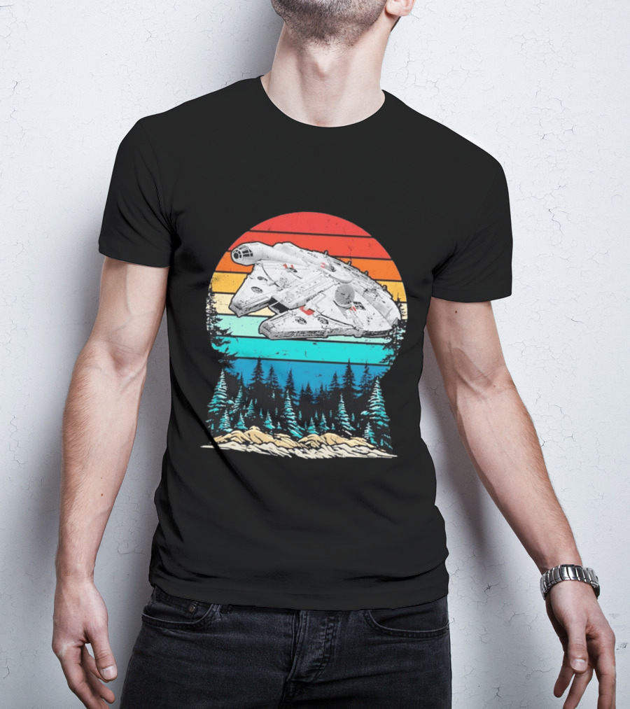 Millennium Falcon Endor Sunset Forest Scene T-Shirt