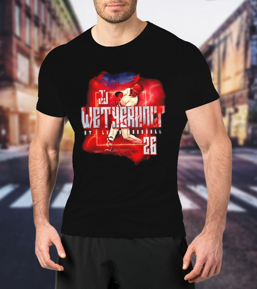 JJ Wetherholt 26 St. Louis Baseball Slugger Swing Lightning T-Shirt