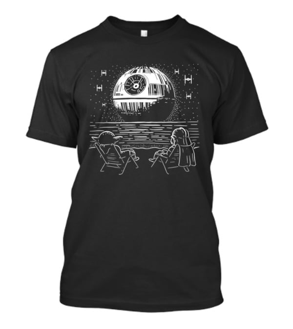 Yoda And Vader Relaxing By The Beach With Death Star In The Sky T-Shirt