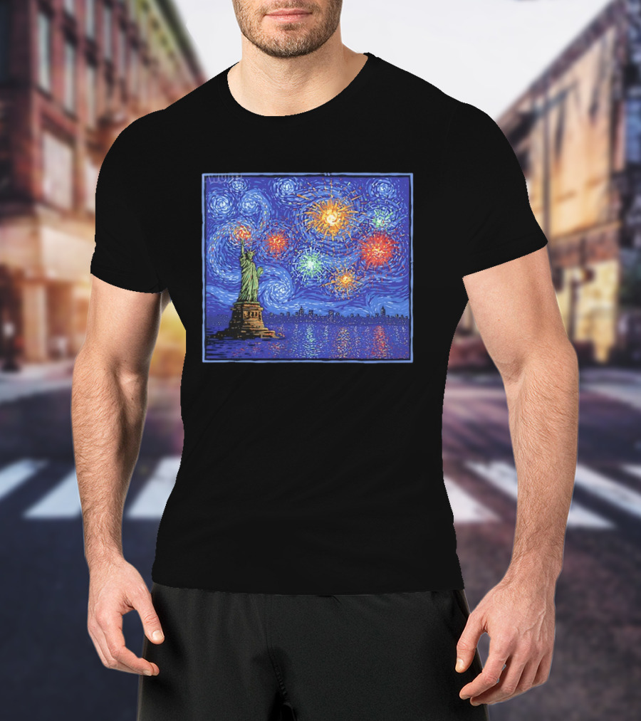 Fireworks Over Statue Of Liberty In Van Gogh Starry Night T-Shirt
