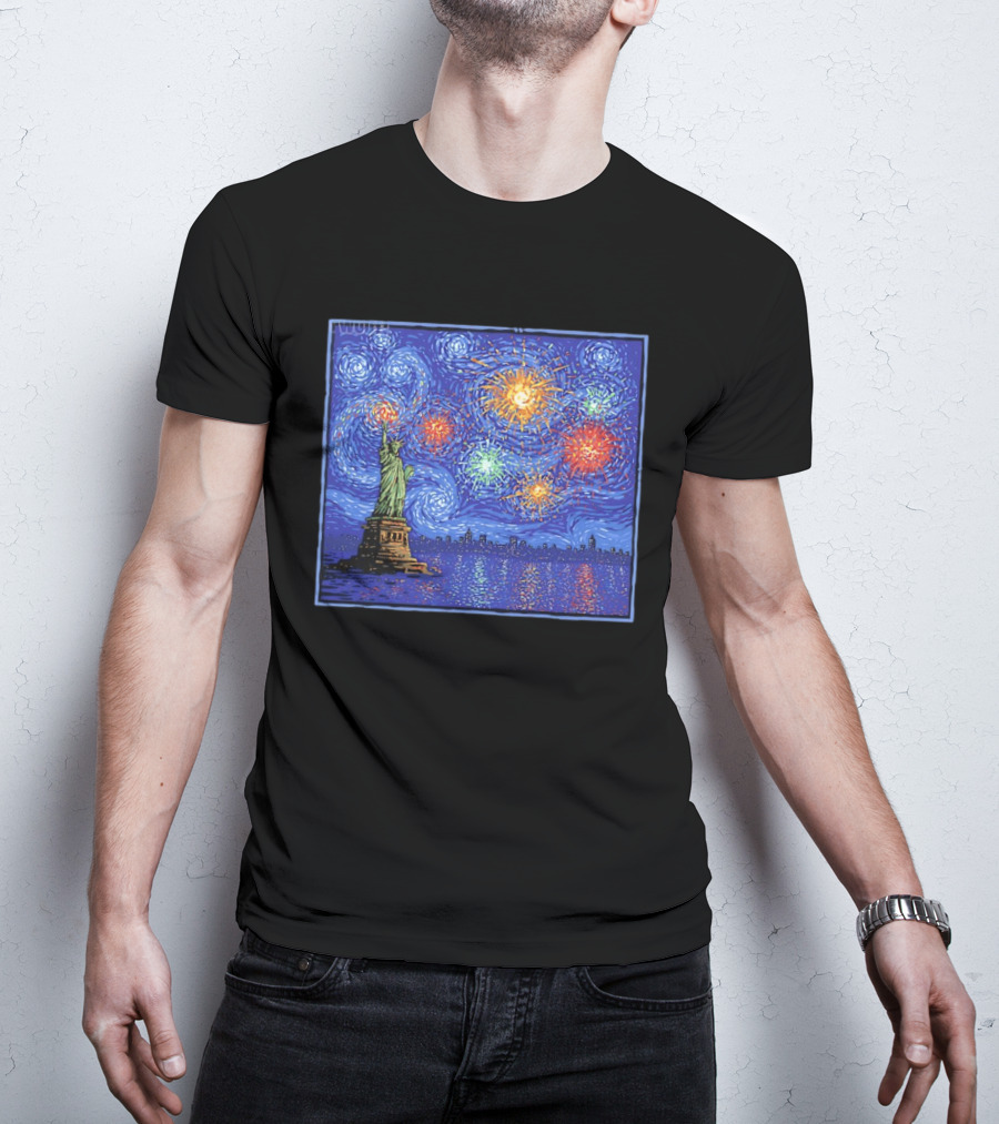 Fireworks Over Statue Of Liberty In Van Gogh Starry Night T-Shirt