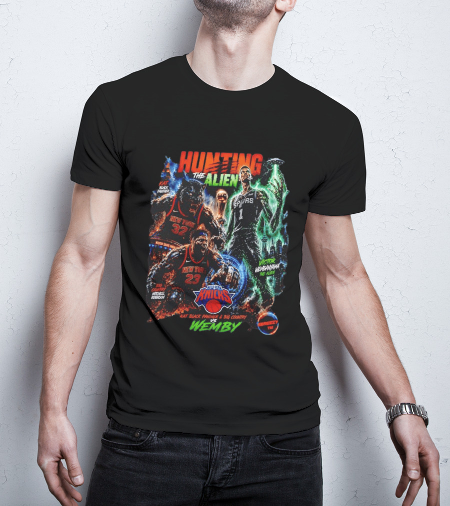 Hunting The Alien KAT Black Panther New York Knicks Mitchell Robinson Vs Wemby Victor Wembanyama T-Shirt