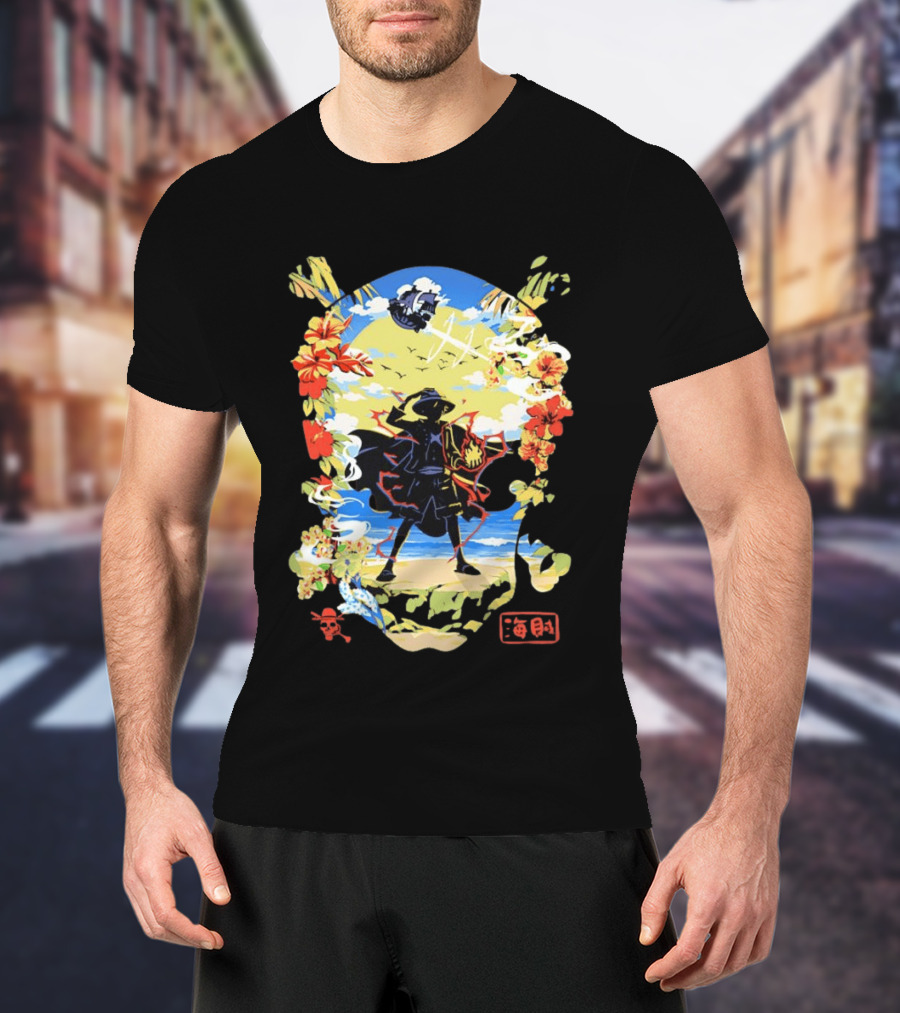 Monkey D Luffy One Piece Hat Pirate Beach Scene Floral Surrounding T-Shirt