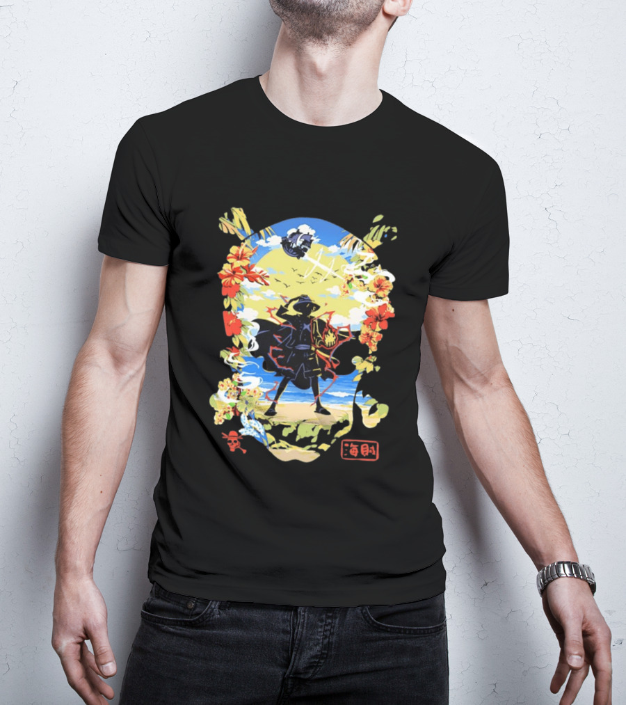 Monkey D Luffy One Piece Hat Pirate Beach Scene Floral Surrounding T-Shirt