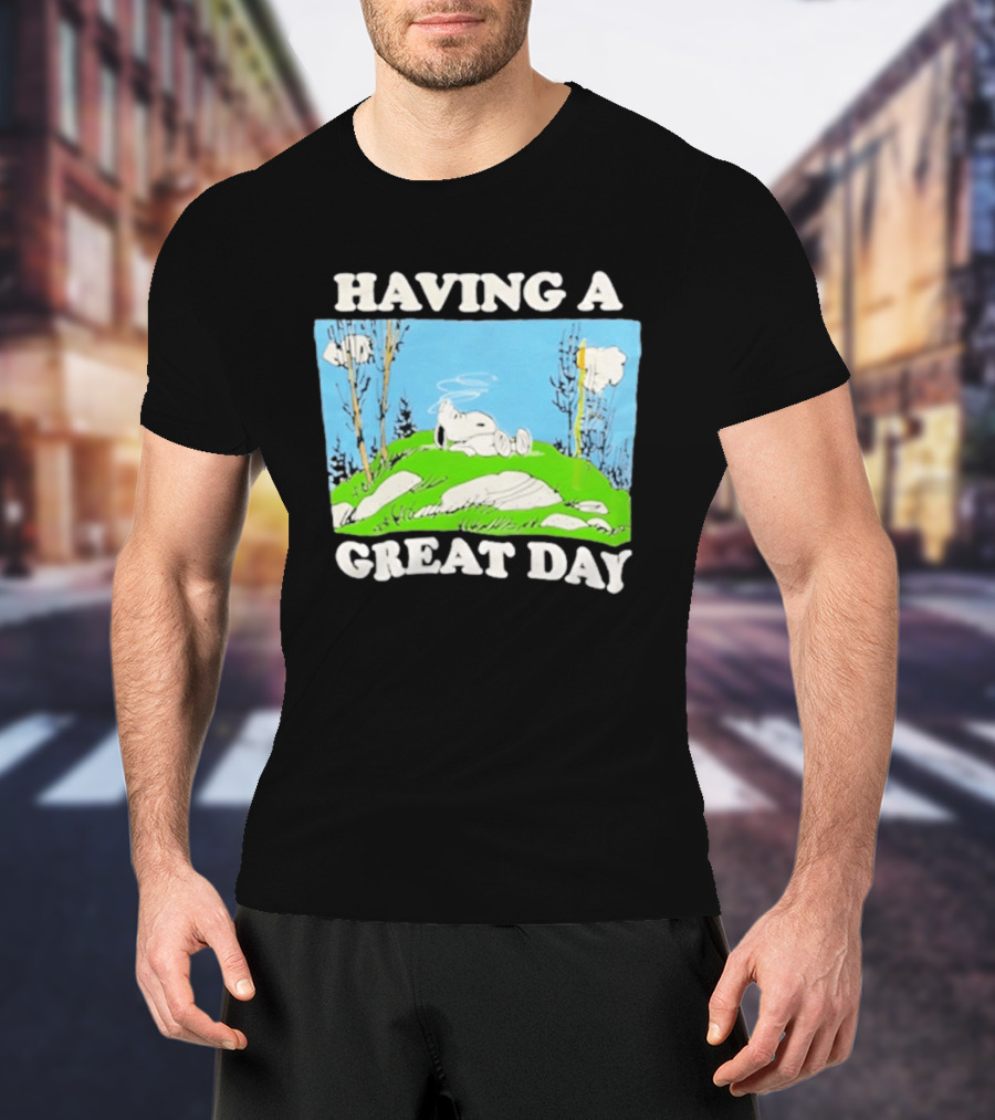 Snoopy Having A Great Day Relaxing On The Green Hill With Blue Sky And Clouds T-Shirt
