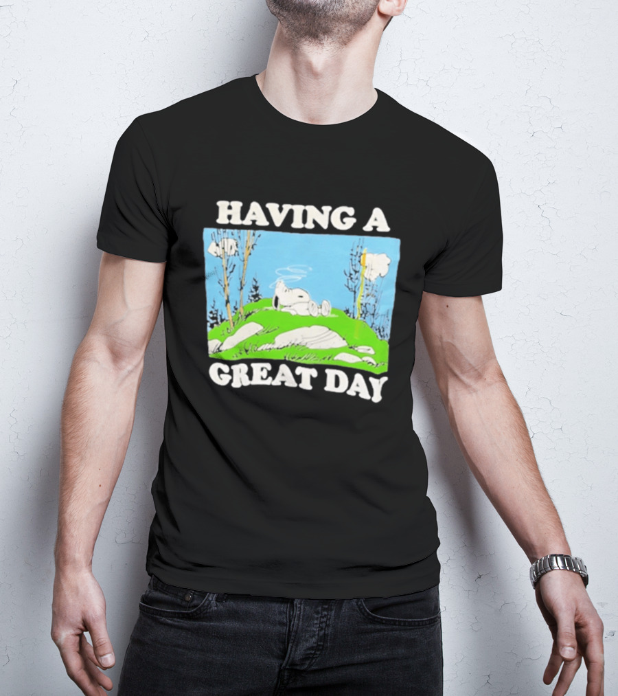 Snoopy Having A Great Day Relaxing On The Green Hill With Blue Sky And Clouds T-Shirt