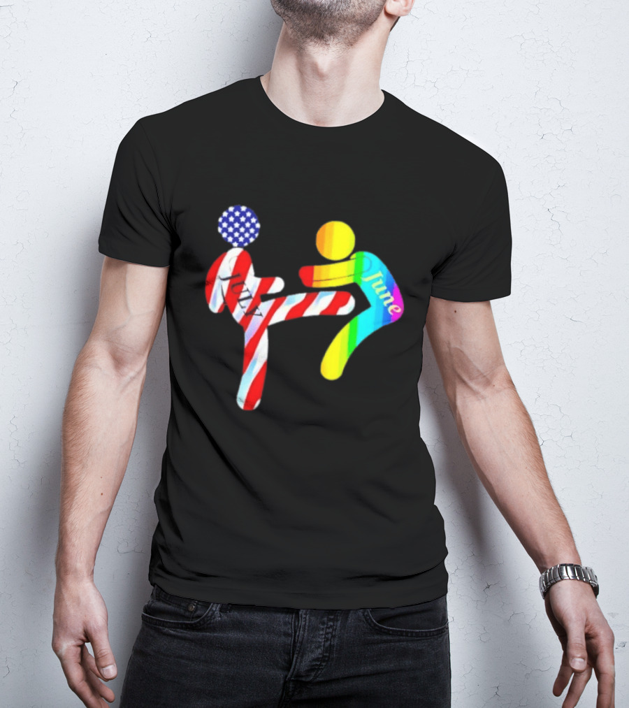 July Independence Kick With June Pride Month Rainbow Flag USA Stars And Stripes T-Shirt