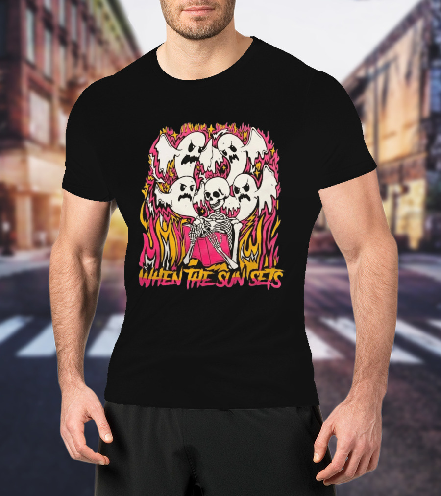 When The Sun Sets Ghost And Skeleton Illustration With Vibrant Pink And Yellow Flames T-Shirt
