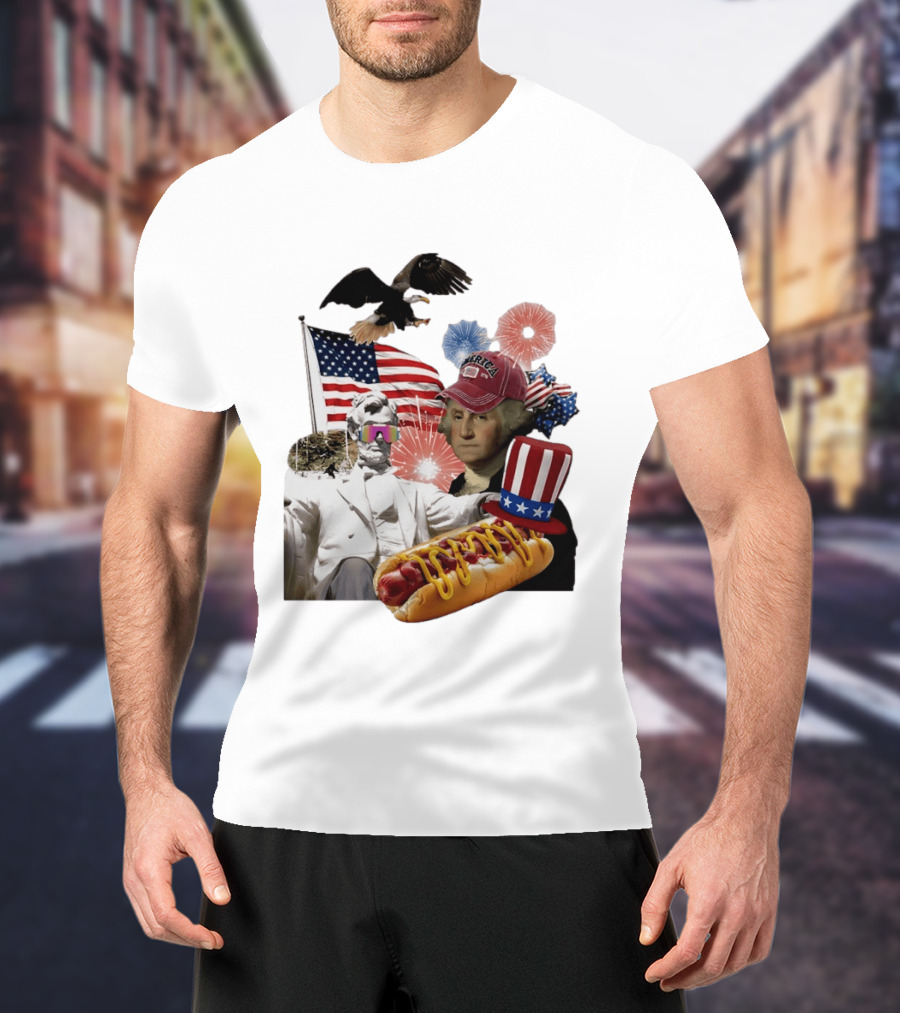 Merica Abraham Lincoln George Washington Hot Dog Eagle Fireworks Patriotic Celebration T-Shirt