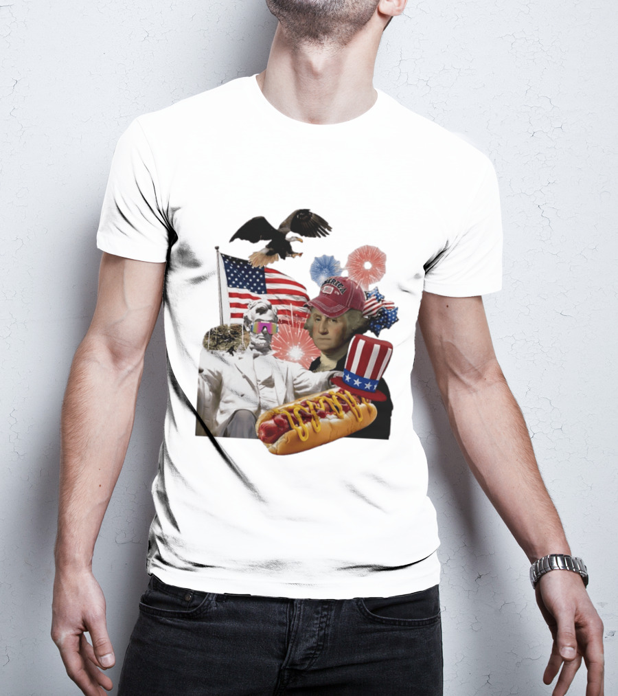 Merica Abraham Lincoln George Washington Hot Dog Eagle Fireworks Patriotic Celebration T-Shirt