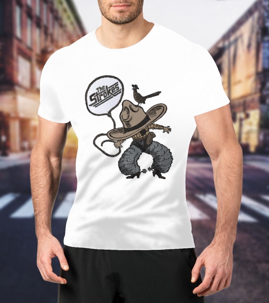 The Strokes Tour 2026 Illustrated Cowboy Holding Lasso With Bird And Cowboy Hat T-Shirt