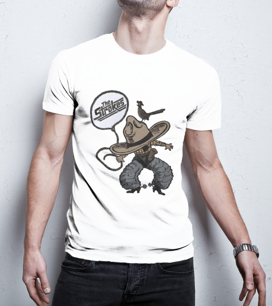The Strokes Tour 2026 Illustrated Cowboy Holding Lasso With Bird And Cowboy Hat T-Shirt