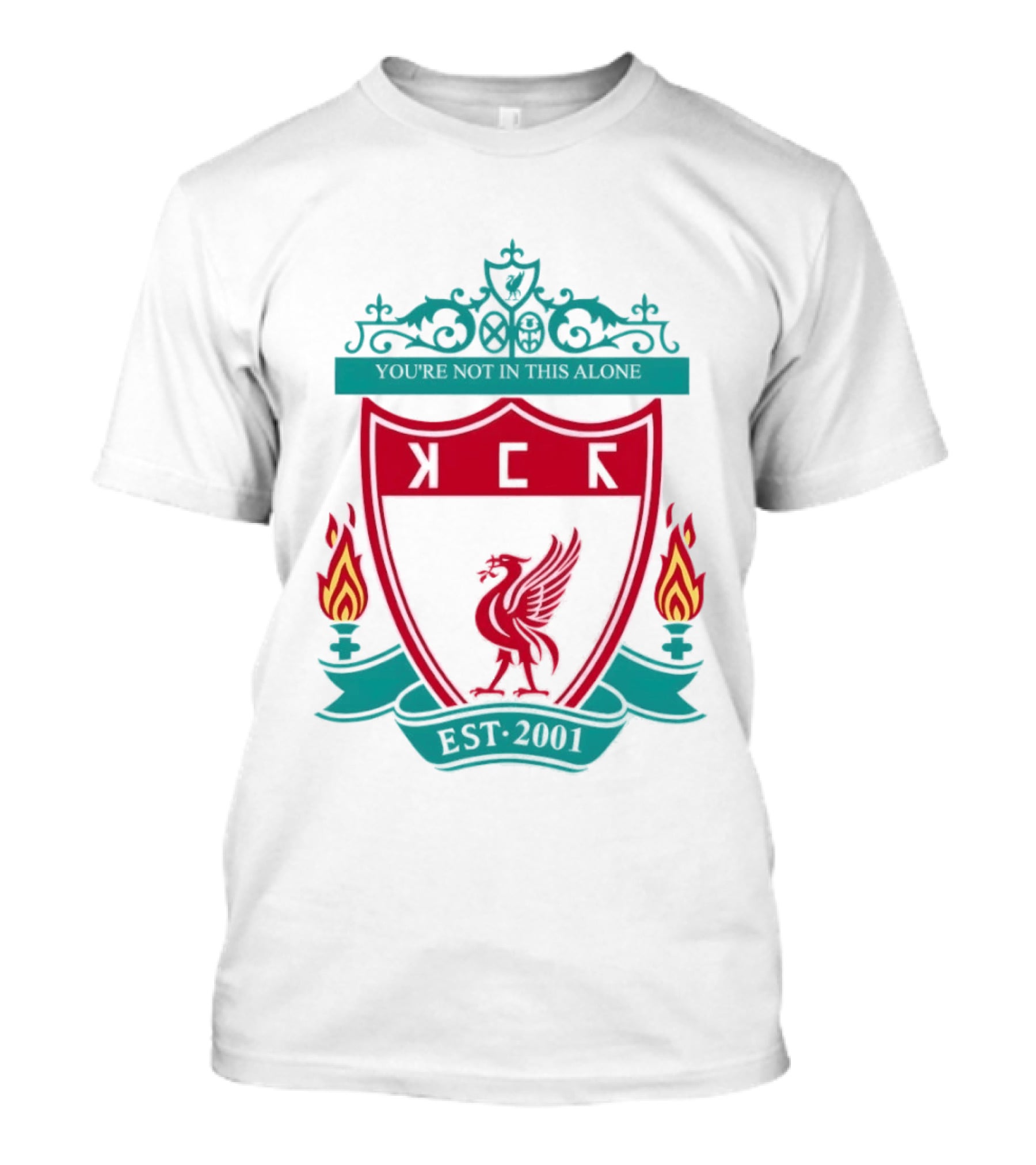 You're Not In This Alone Est 2001 Liverpool KFC Parody Crest With Liver Bird And Eternal Flames T-Shirt