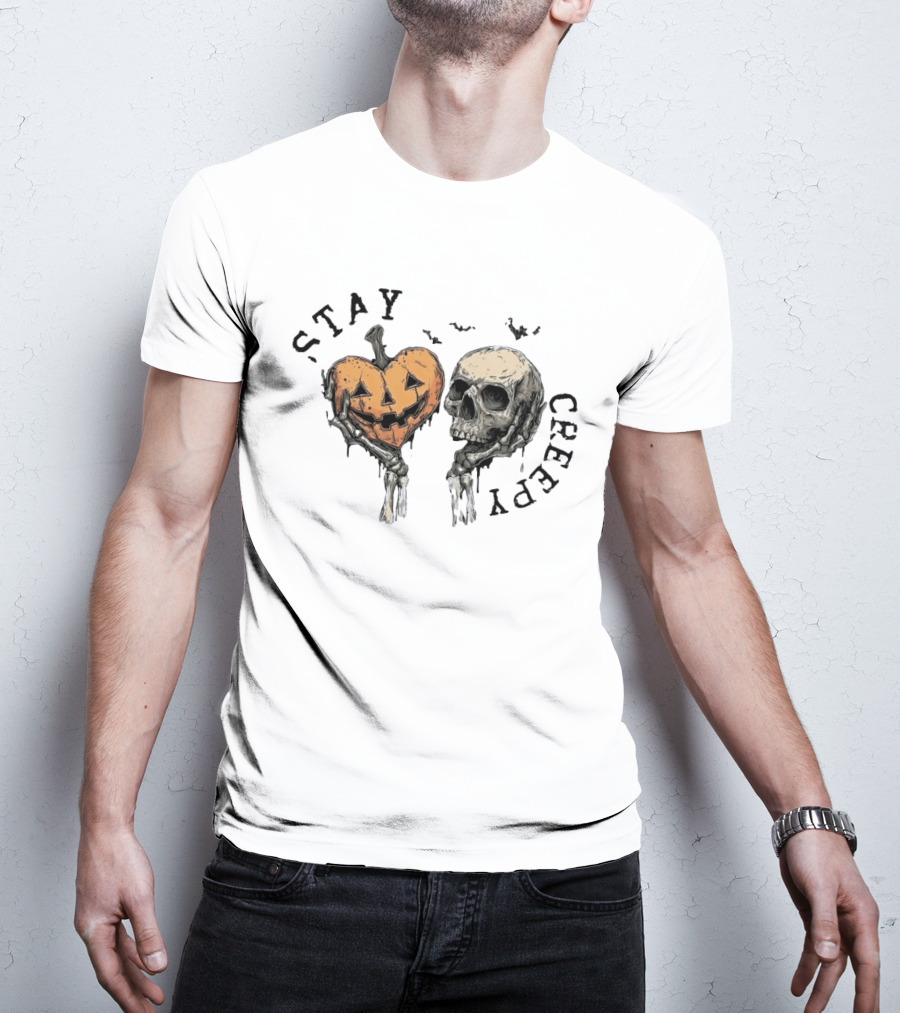 Stay Creepy Pumpkin Skull Halloween Spooky Skeleton Hands T-Shirt