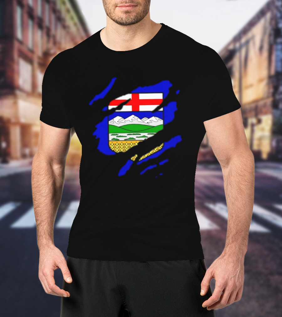 Alberta Coat Of Arms Ripped Effect Canada Flag Emblem Heritage Display T-Shirt